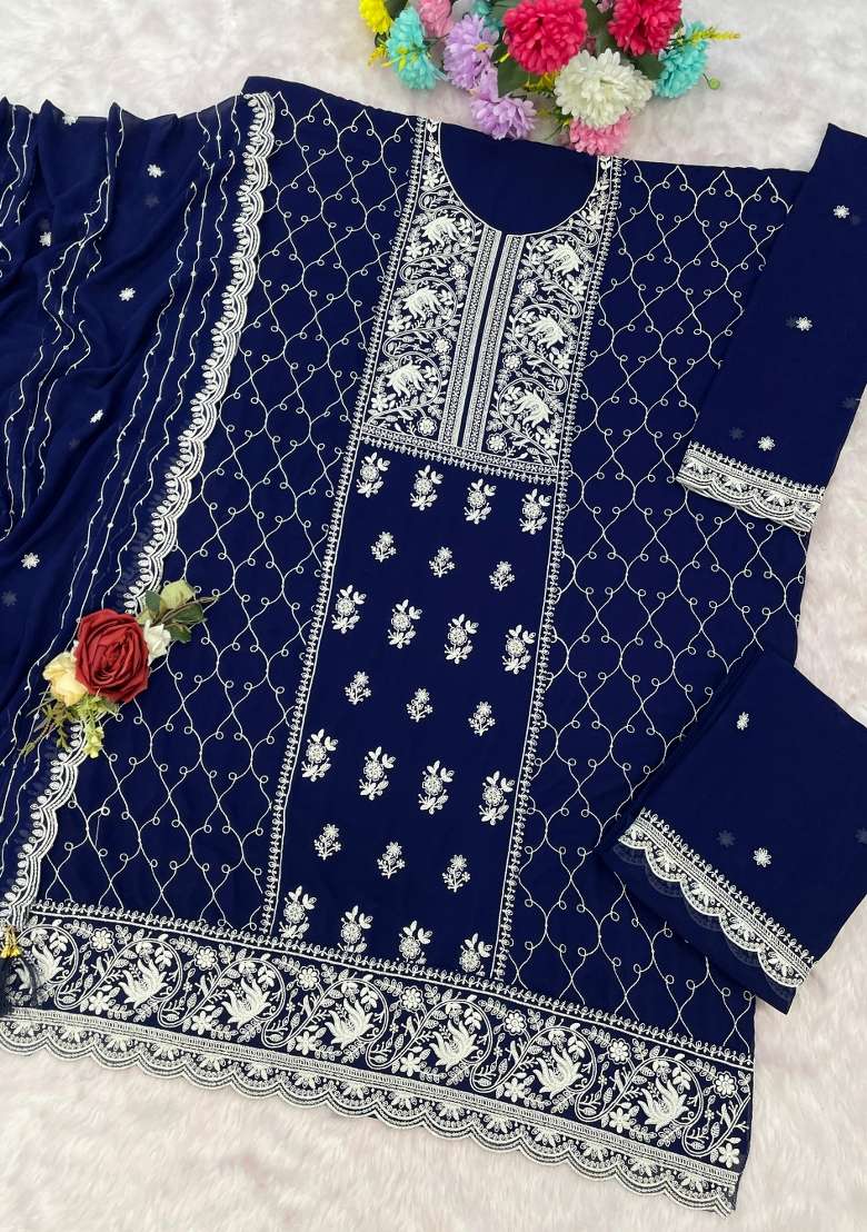 Black Embroidered Georgette Kurta Set - Indya