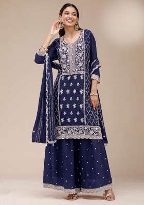 Navy Blue Embroidered Georgette Kurta Set