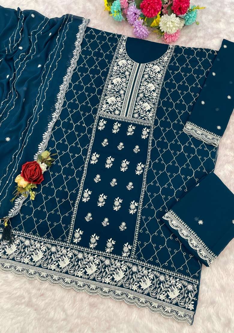 Navy Blue Embroidered Georgette Kurta Set - Indya