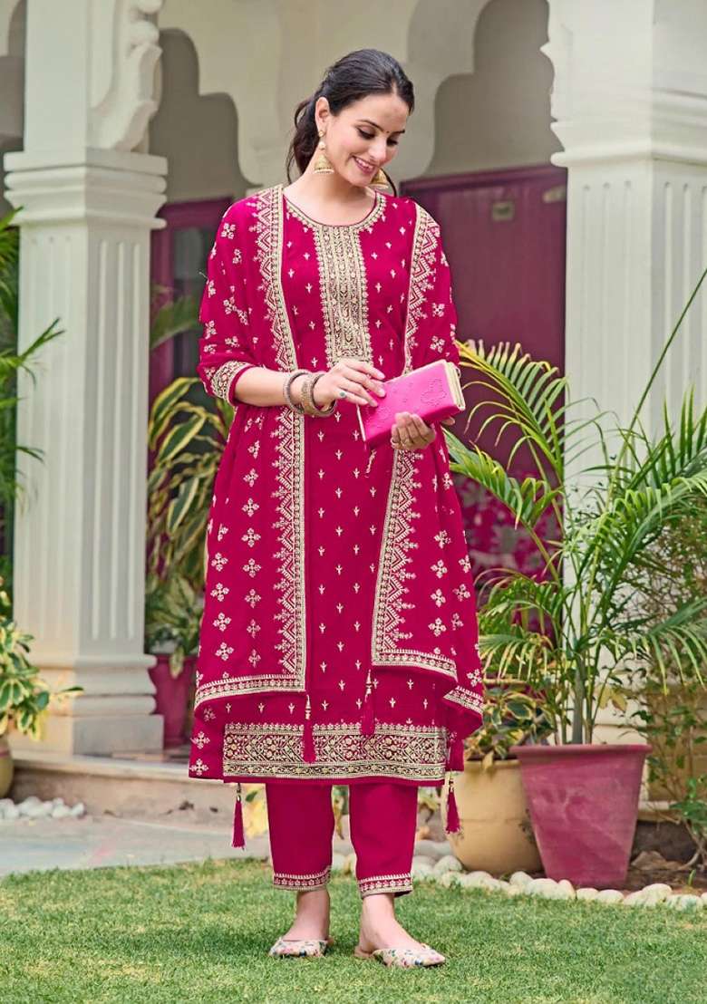 Red Embroidered Georgette Kurta Set - Indya