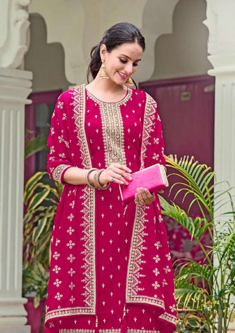 Red Embroidered Georgette Kurta Set - Indya