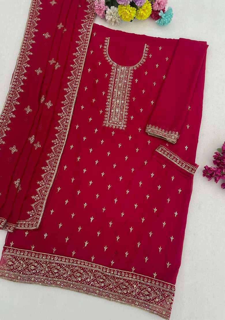 Red Embroidered Georgette Kurta Set - Indya