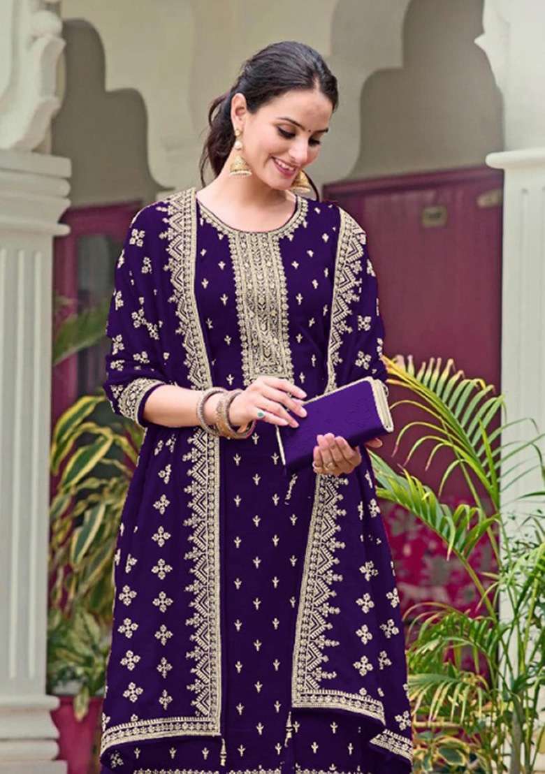 Violet Embroidered Georgette Kurta Set - Indya