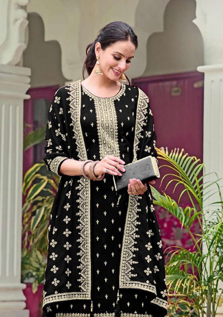 Black Embroidered Georgette Kurta Set - Indya