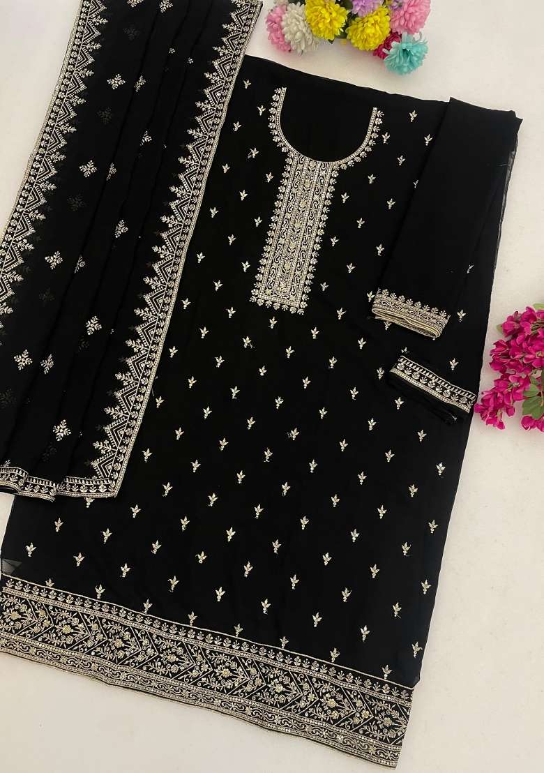 Black Embroidered Georgette Kurta Set - Indya