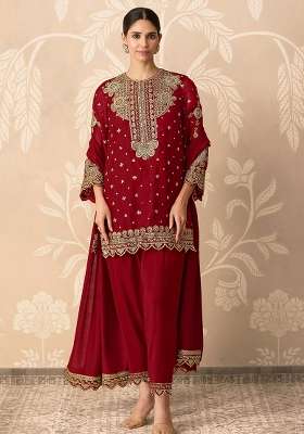 Red Embroidered Georgette Kurta Set