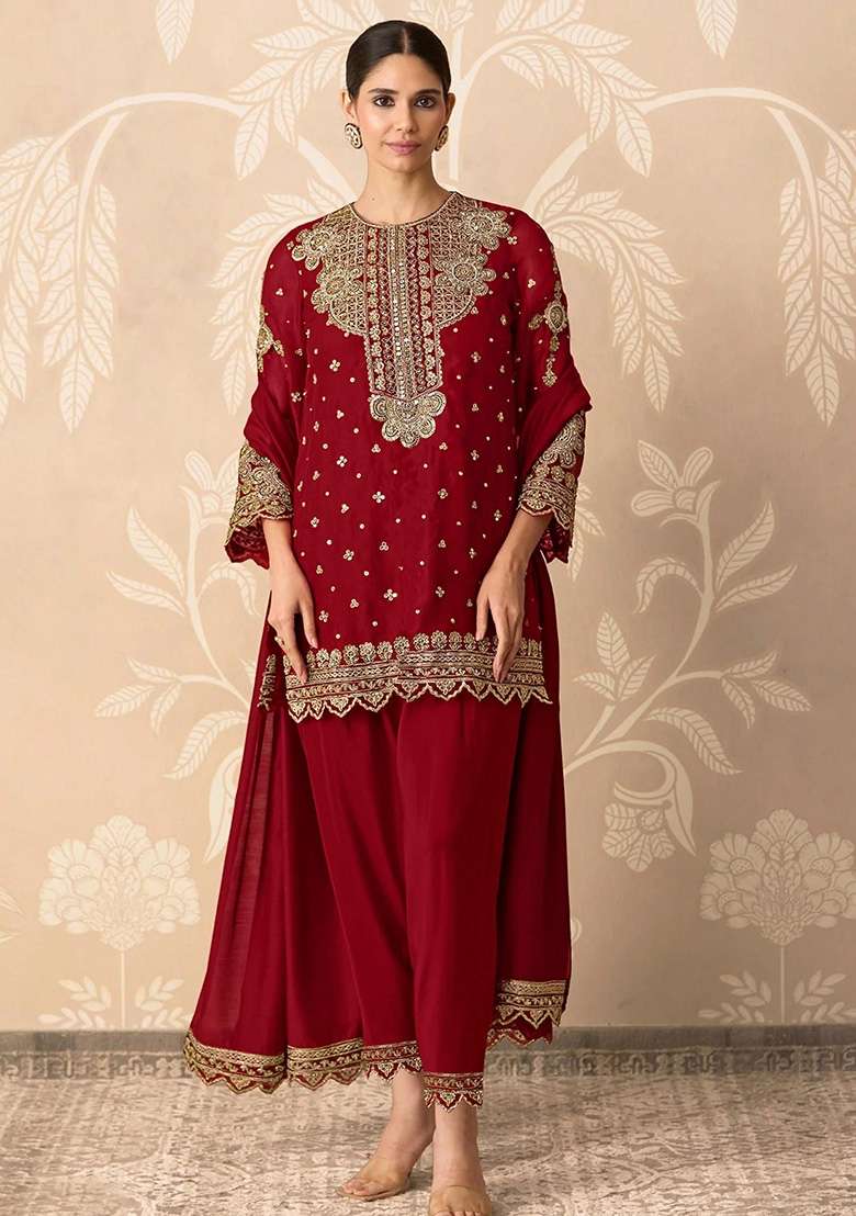 Red Embroidered Georgette Kurta Set - Indya