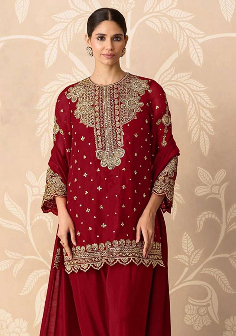 Red Embroidered Georgette Kurta Set - Indya
