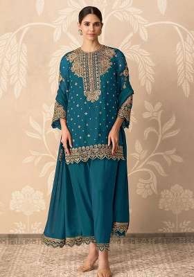 Teal Blue Embroidered Georgette Kurta Set