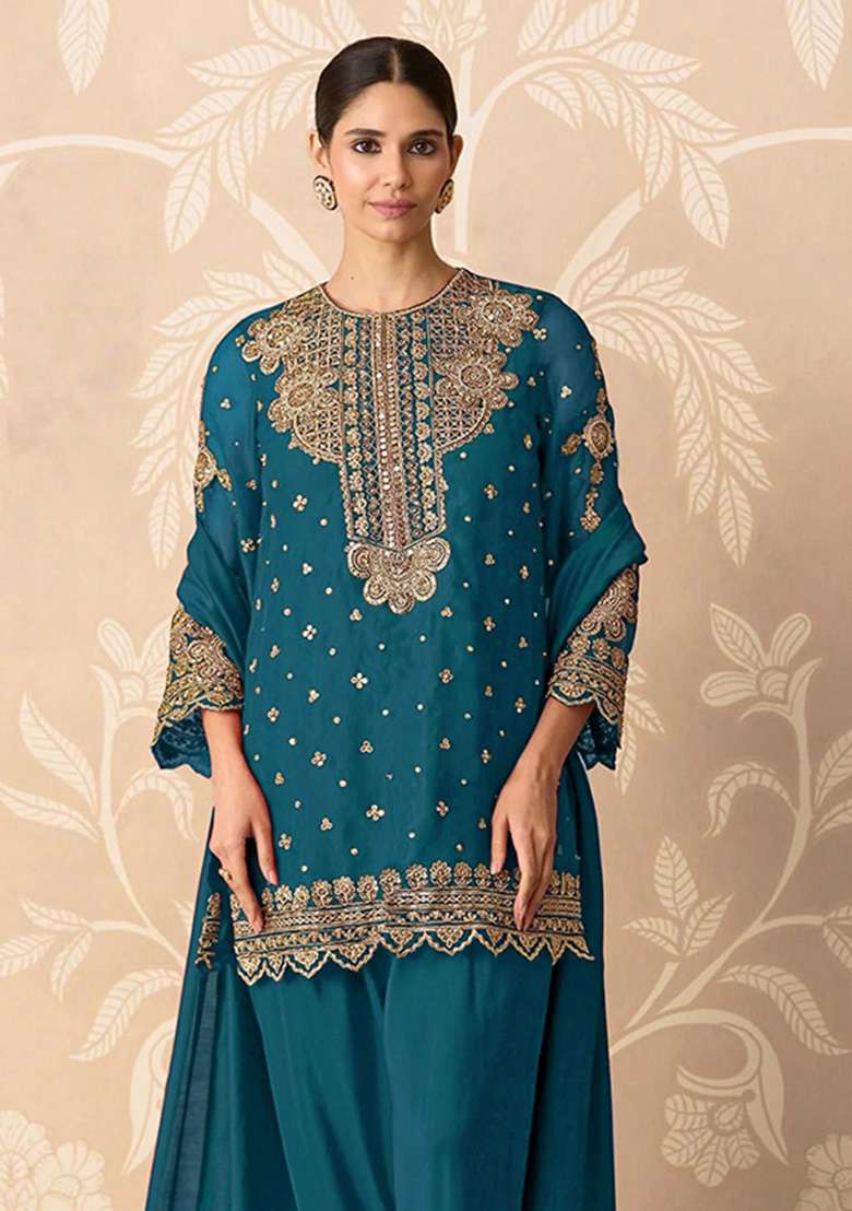 Teal Blue Embroidered Georgette Kurta Set - Indya