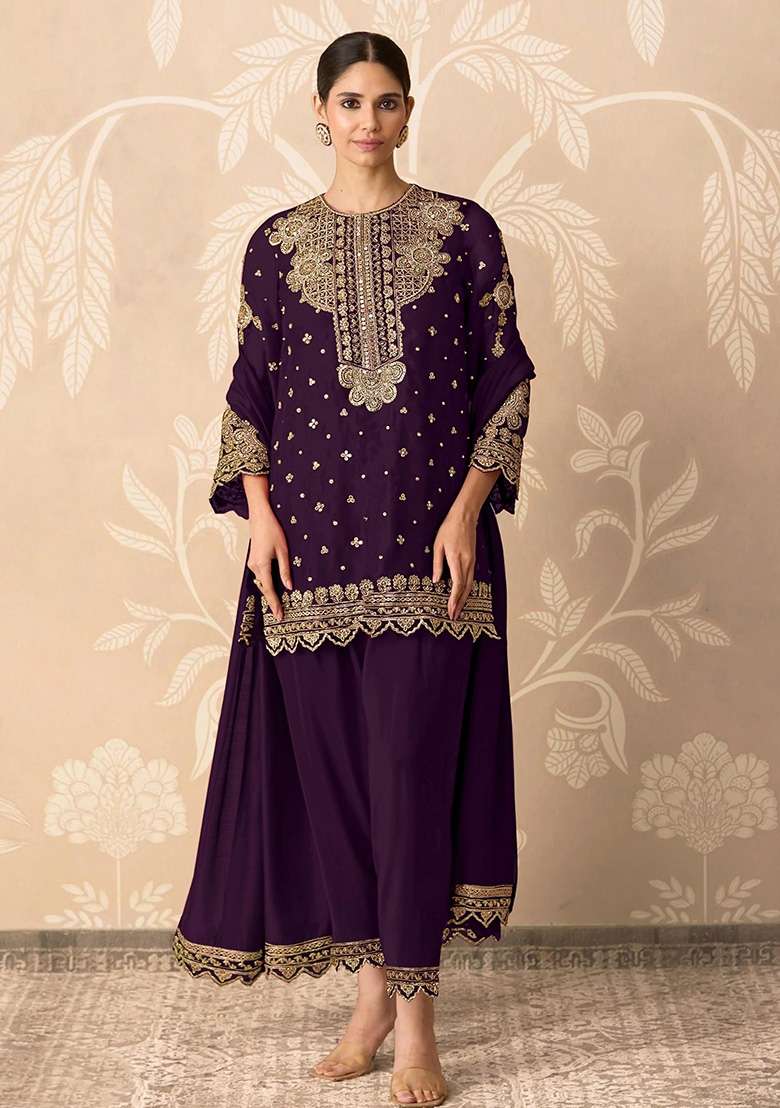 Purple Embroidered Georgette Kurta Set - Indya