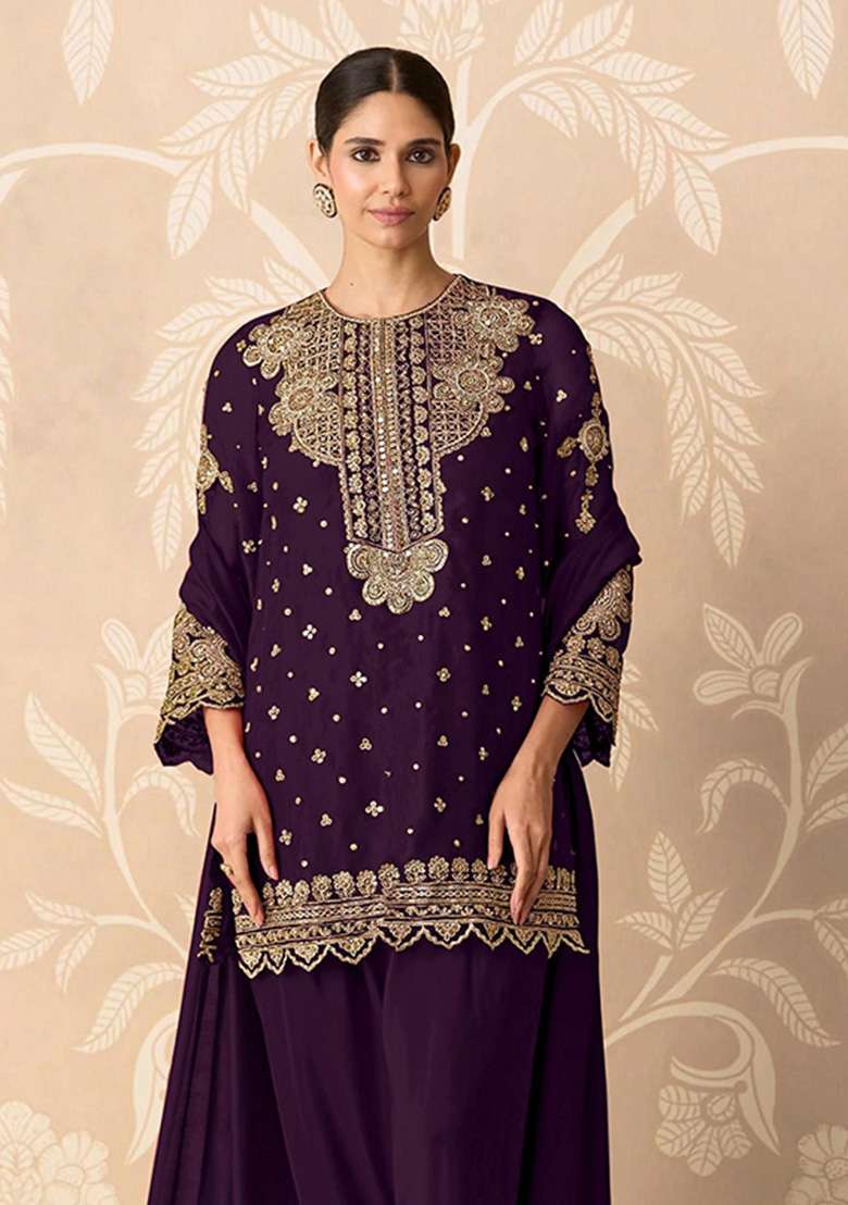 Purple Embroidered Georgette Kurta Set - Indya