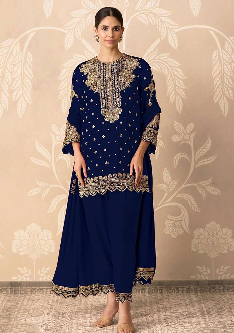 Black Embroidered Georgette Kurta Set - Indya