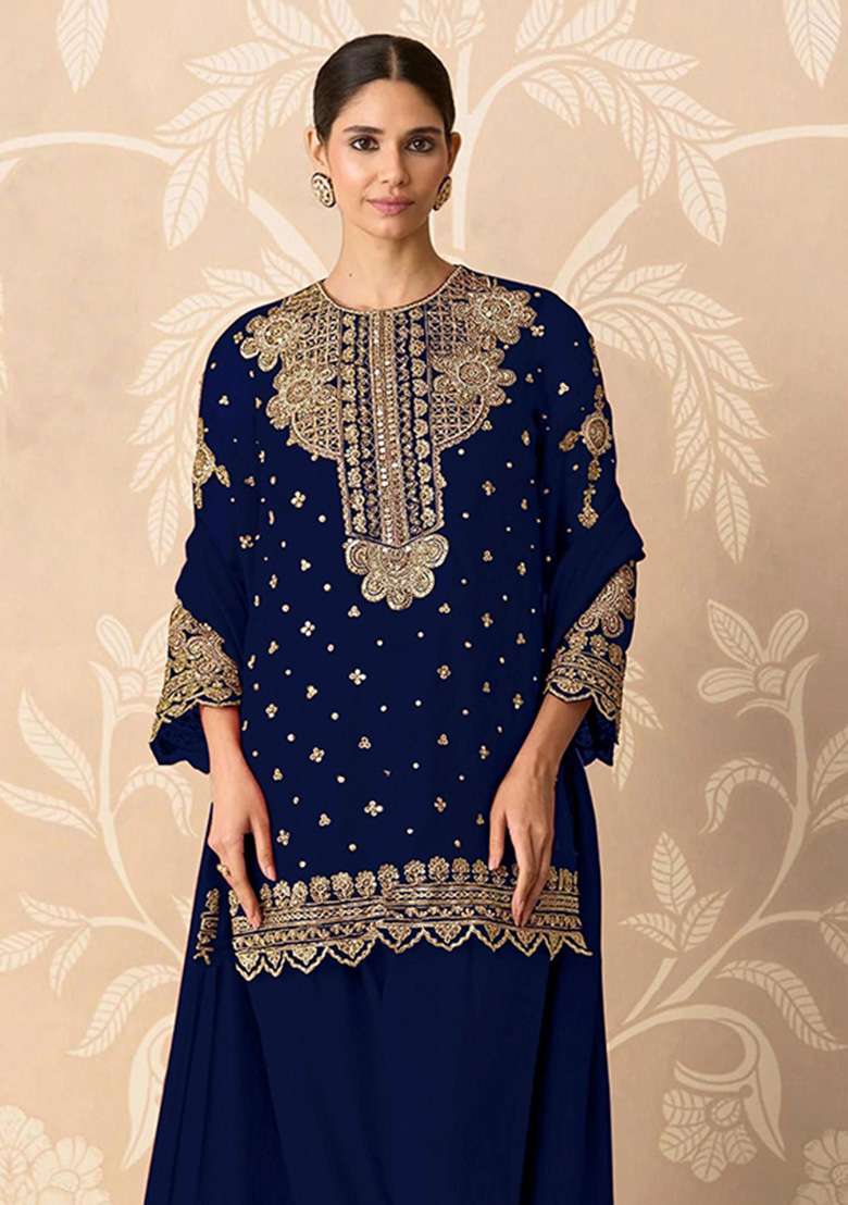 Black Embroidered Georgette Kurta Set - Indya