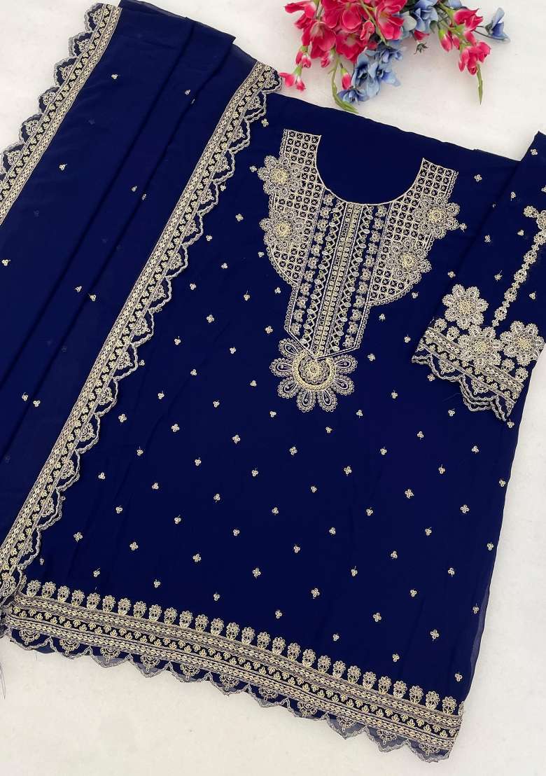 Black Embroidered Georgette Kurta Set - Indya