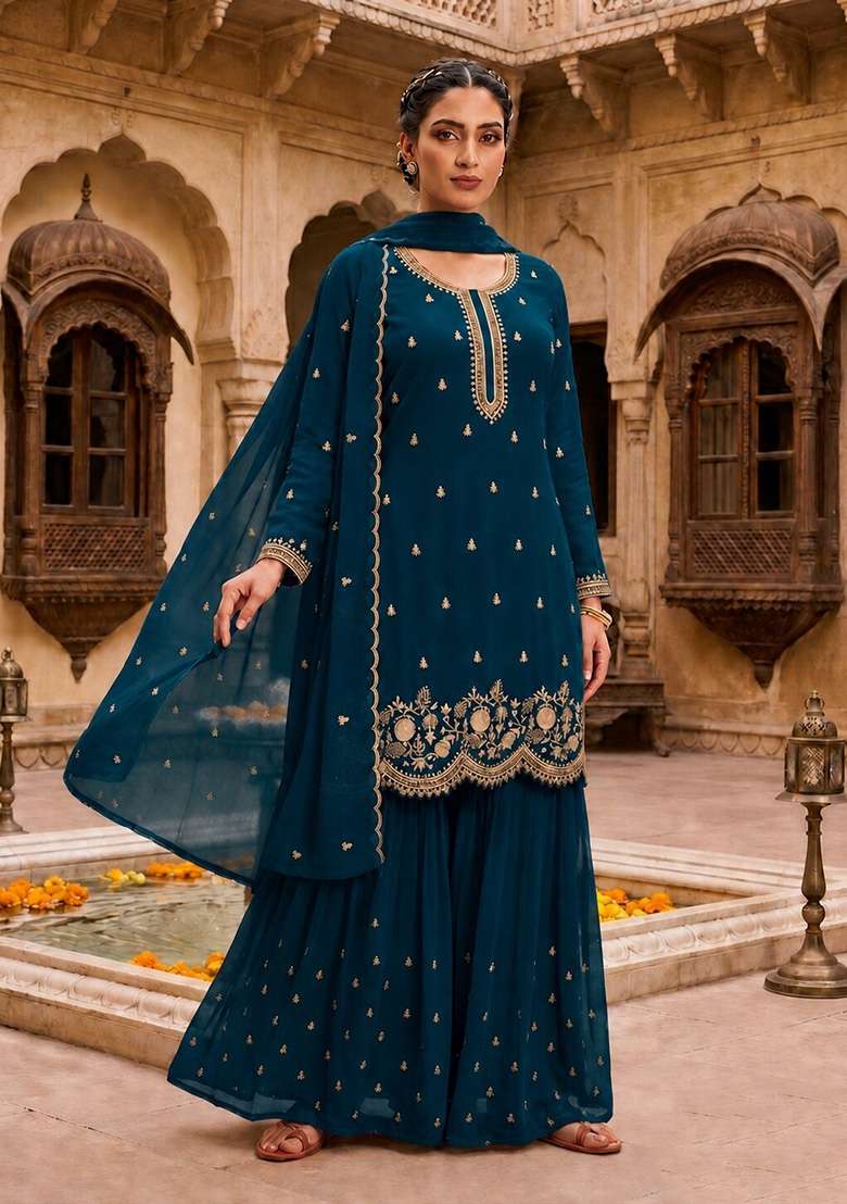Teal Blue Embroidered Georgette Kurta Set - Indya