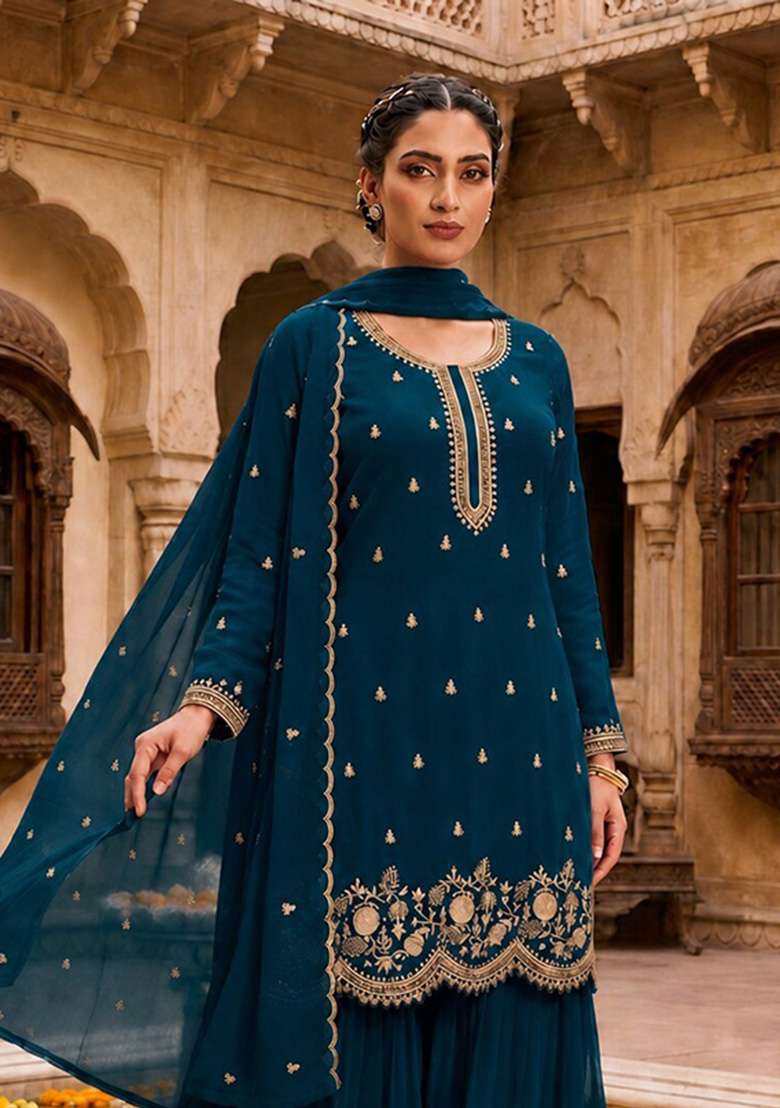 Teal Blue Embroidered Georgette Kurta Set - Indya