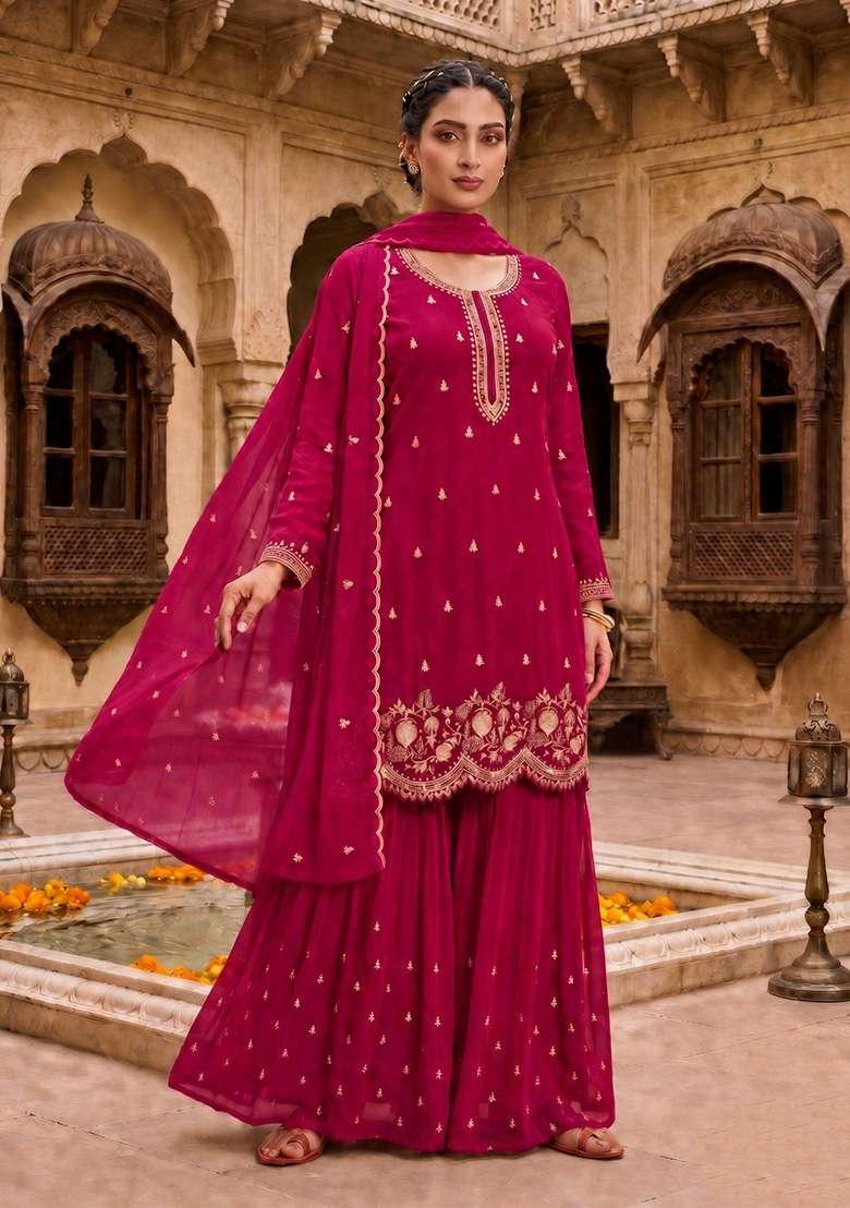 Red Embroidered Georgette Kurta Set - Indya