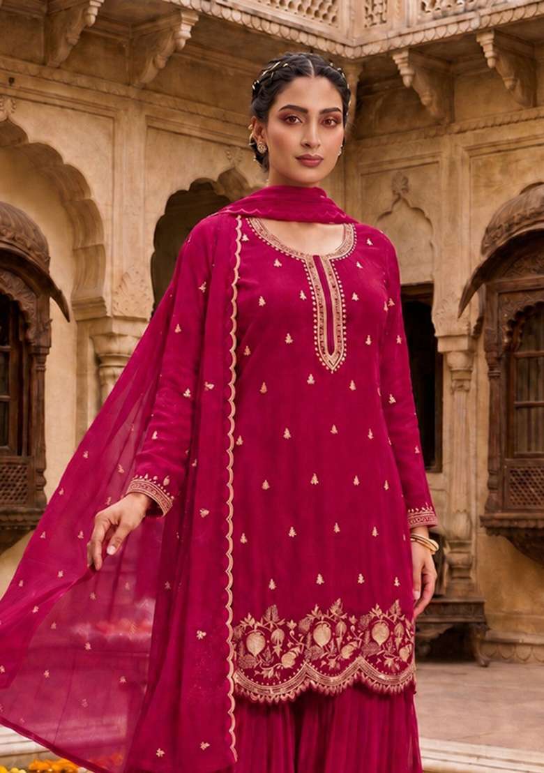Red Embroidered Georgette Kurta Set - Indya