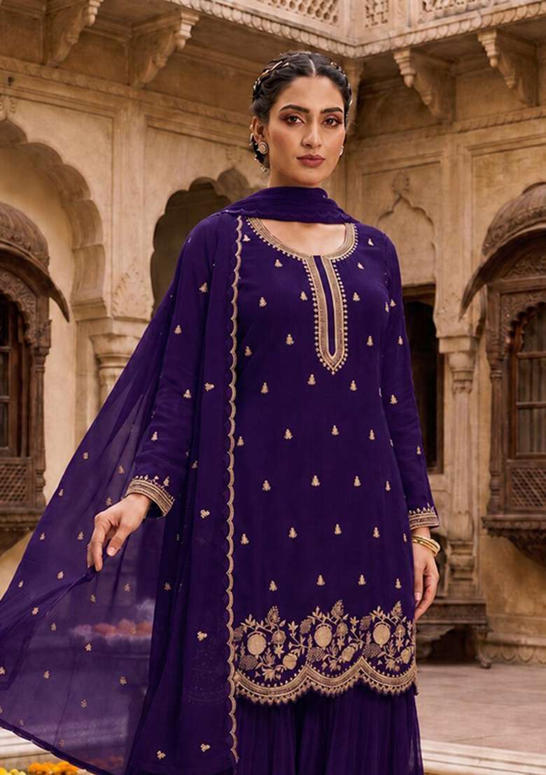 Violet Embroidered Georgette Kurta Set - Indya
