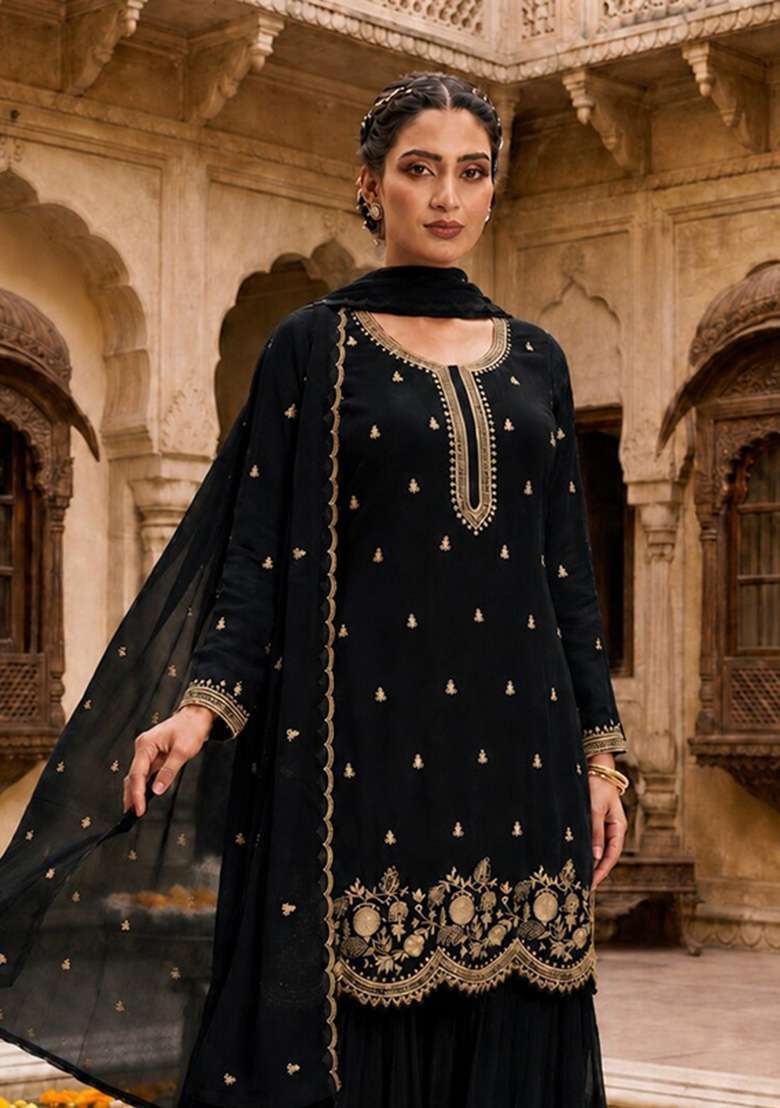 Black Embroidered Georgette Kurta Set - Indya