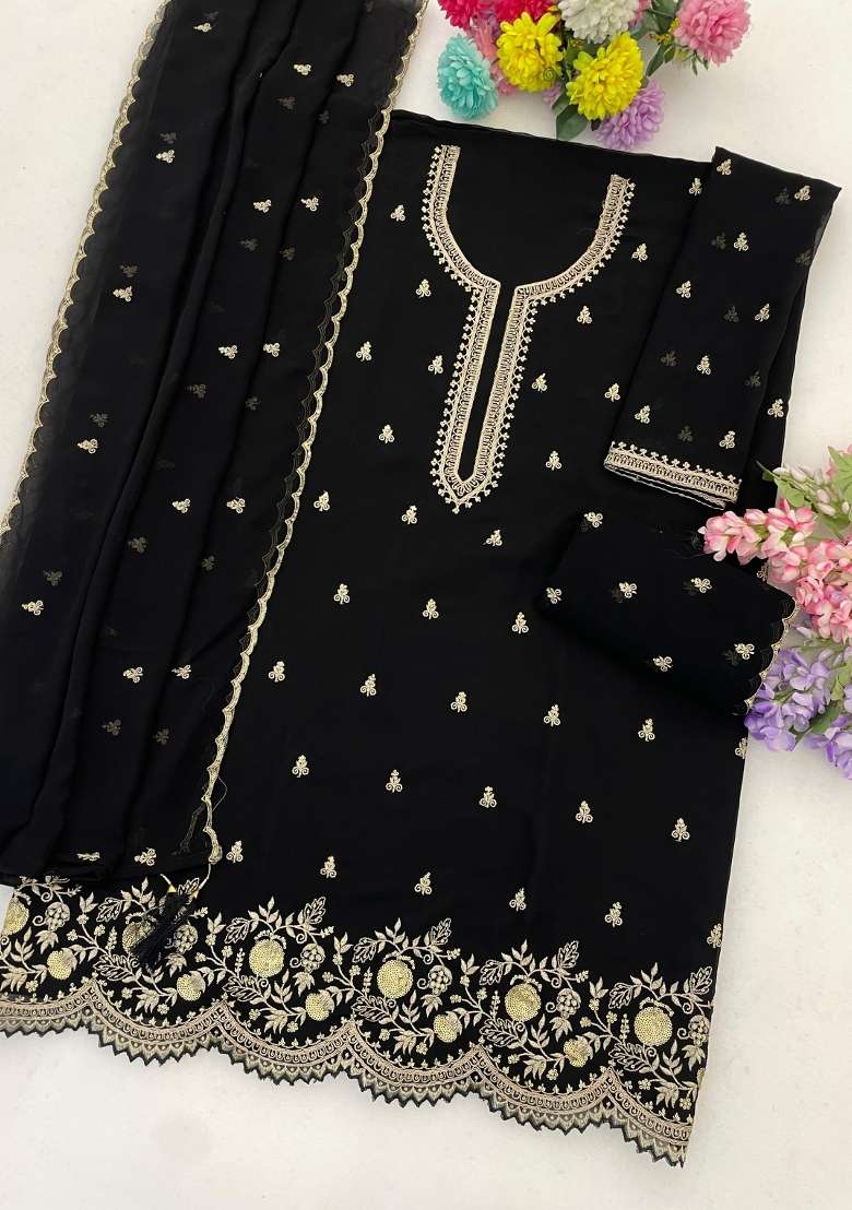 Black Embroidered Georgette Kurta Set - Indya