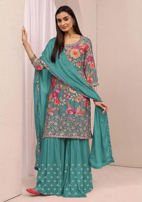 Blue Embroidered Silk Kurta Set