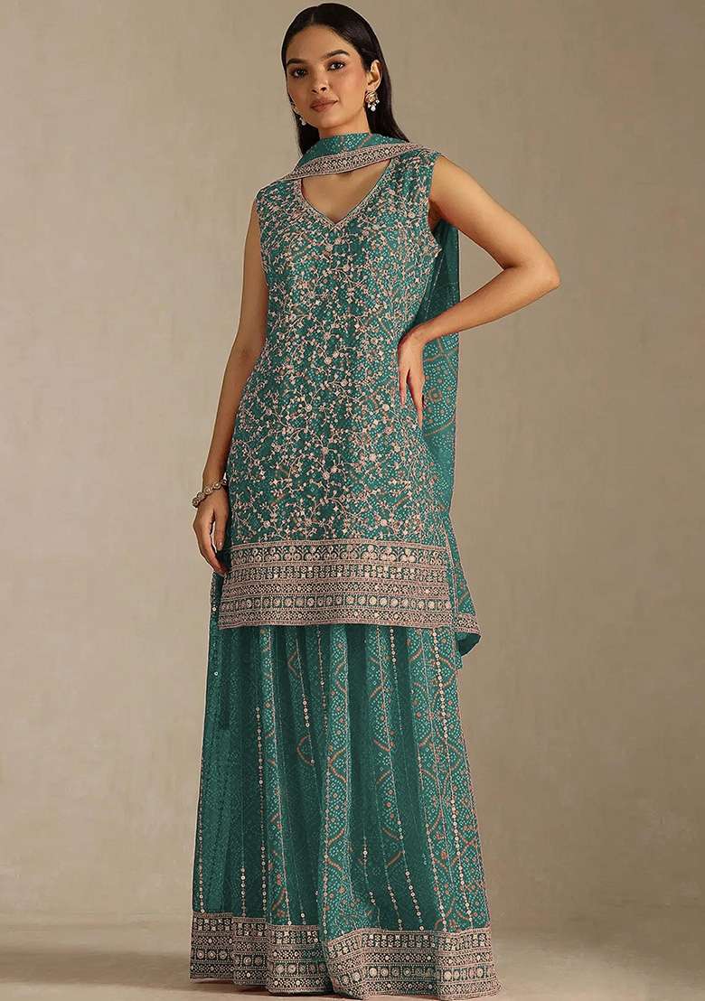 Blue Embroidered Georgette Kurta Set - Indya