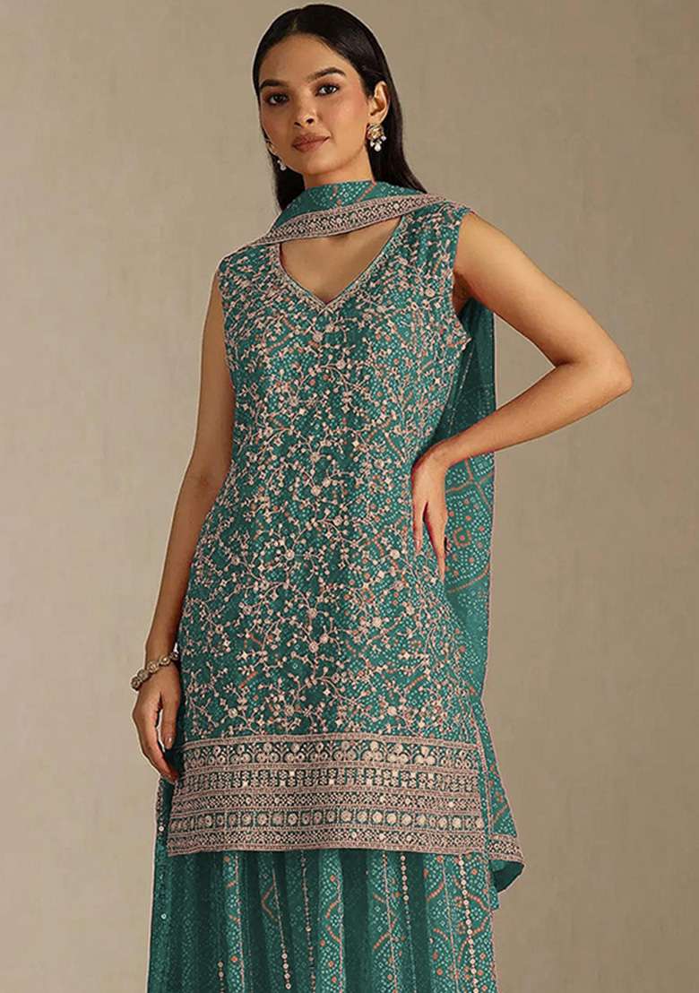 Blue Embroidered Georgette Kurta Set - Indya