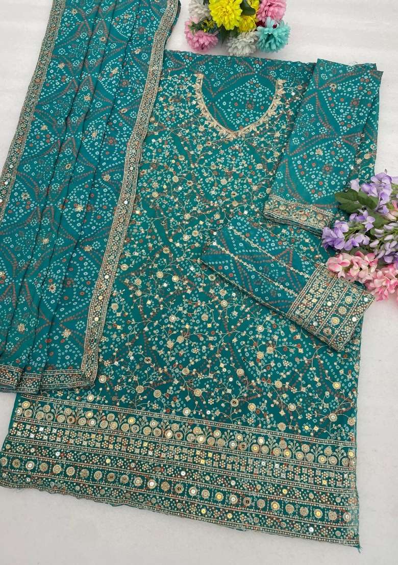 Blue Embroidered Georgette Kurta Set - Indya