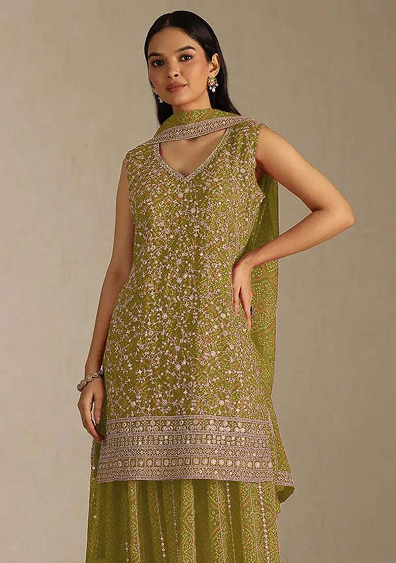 Mustard Embroidered Georgette Kurta Set - Indya