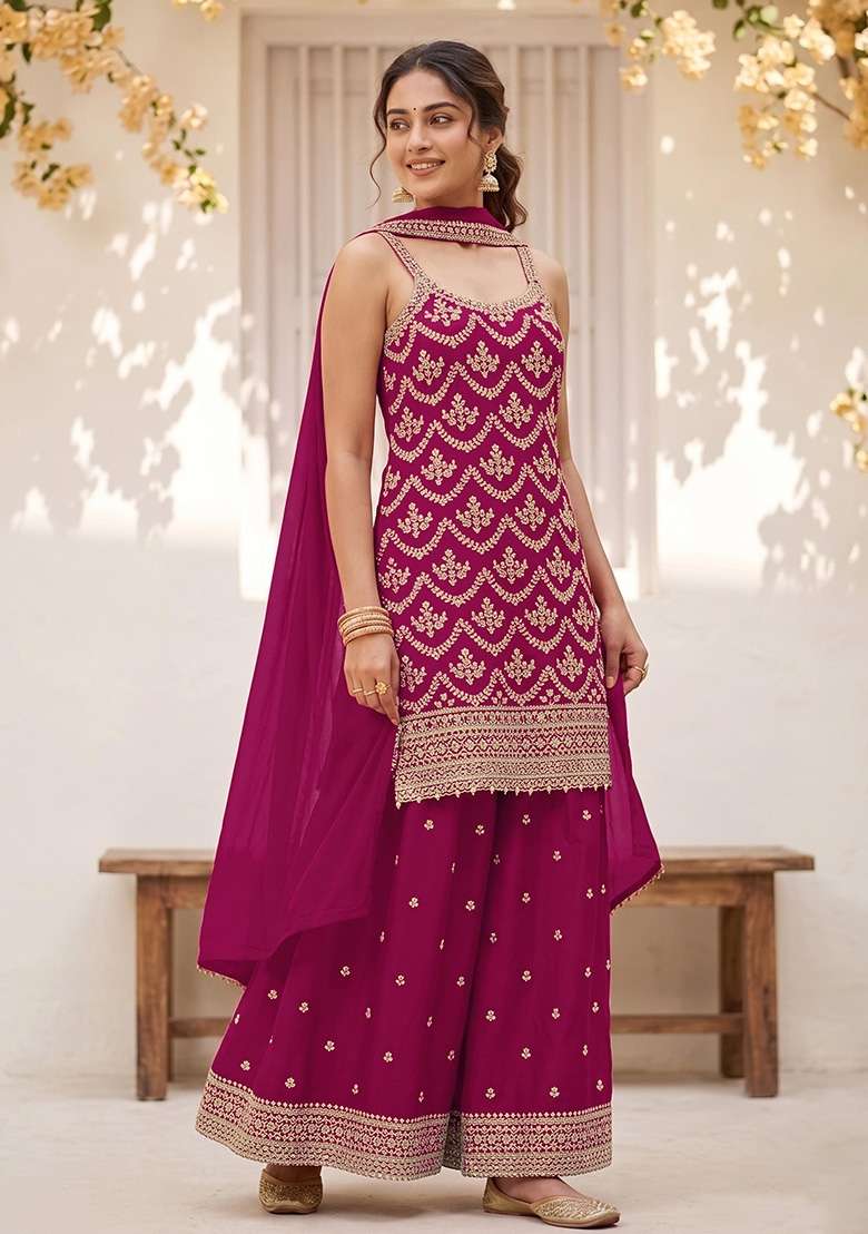 Red Embroidered Silk Kurta Set - Indya