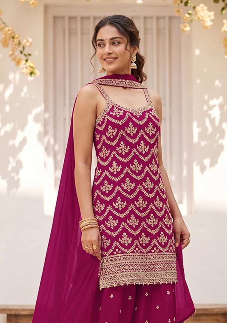 Red Embroidered Silk Kurta Set - Indya