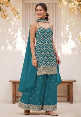 Blue Embroidered Silk Kurta Set