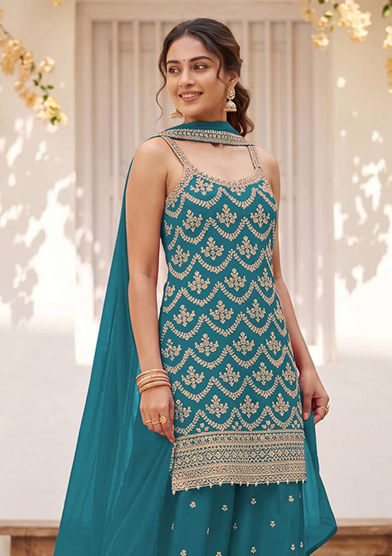 Blue Embroidered Silk Kurta Set - Indya