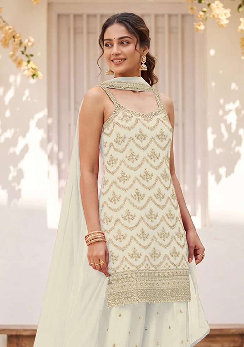 White Embroidered Silk Kurta Set - Indya