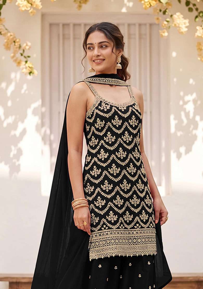 Black Embroidered Silk Kurta Set - Indya
