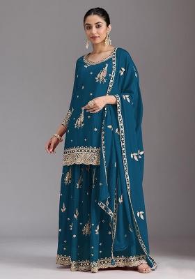 Teal Blue Embroidered Silk Kurta Set