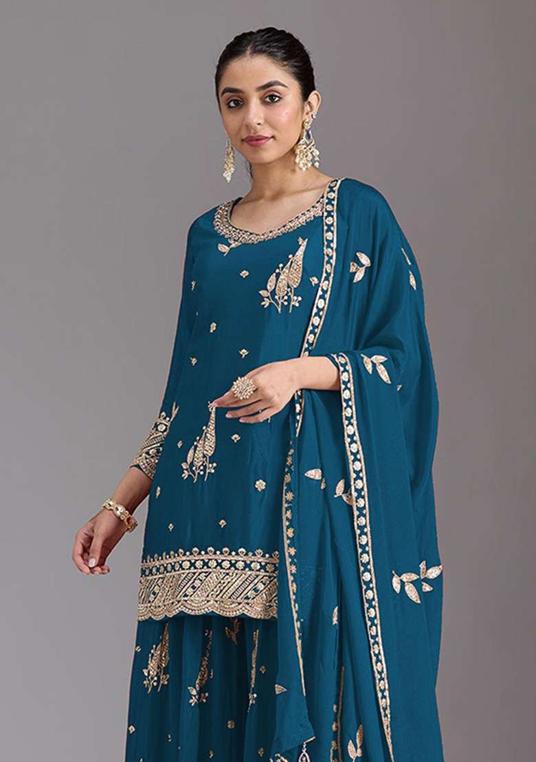 Teal Blue Embroidered Silk Kurta Set - Indya