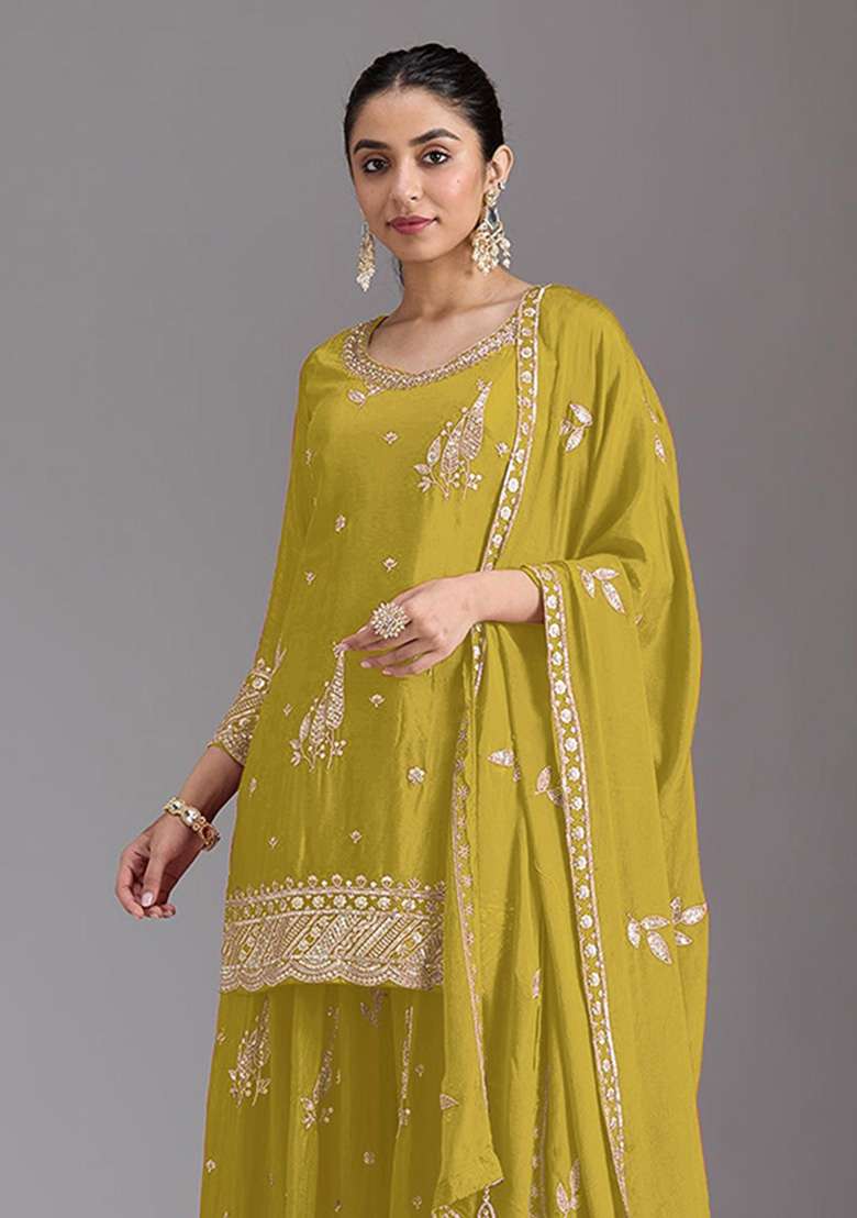 Mustard Embroidered Silk Kurta Set - Indya