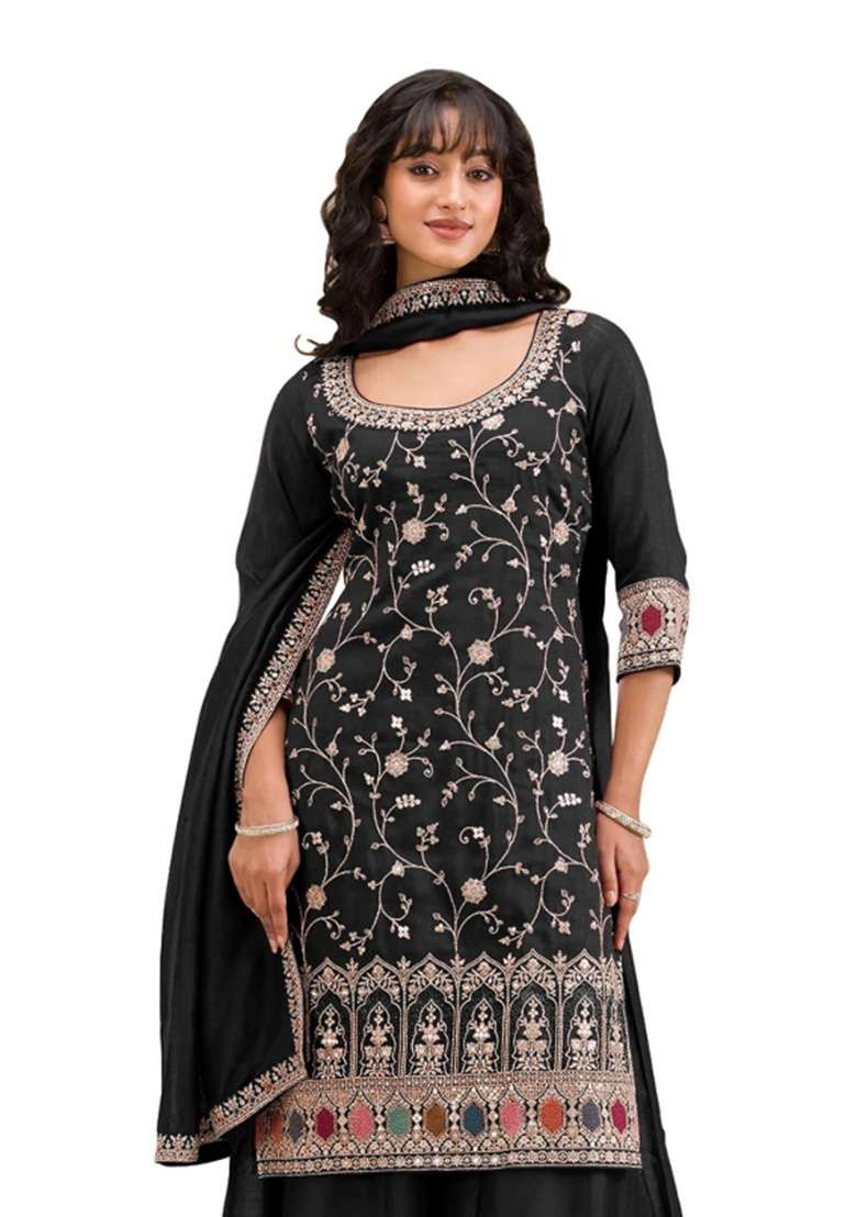 Black Embroidered Silk Kurta Set - Indya