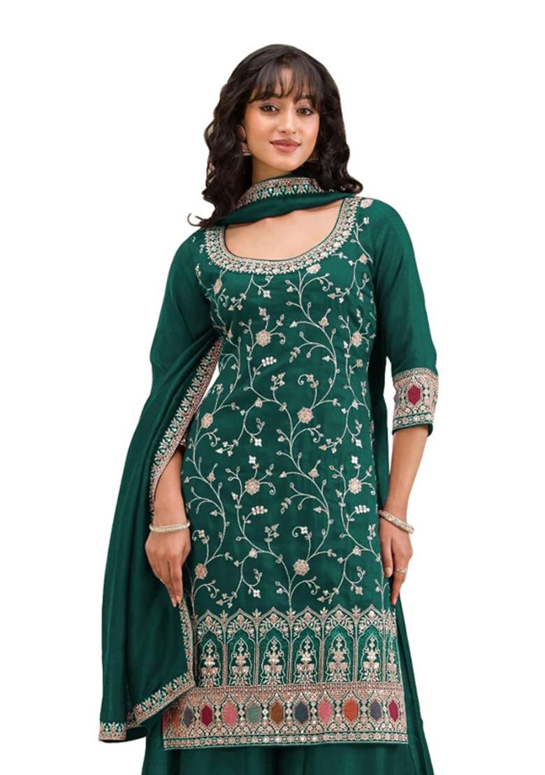 Dark Green Embroidered Silk Kurta Set - Indya