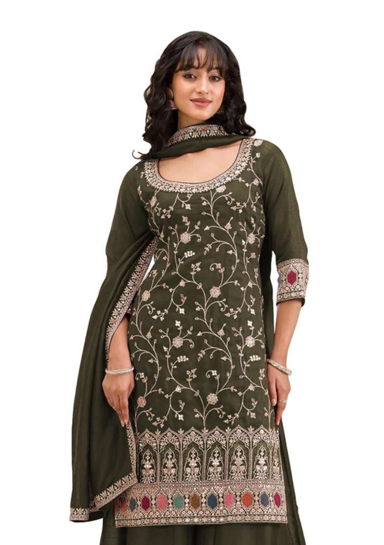 Mehendi Embroidered Silk Kurta Set - Indya