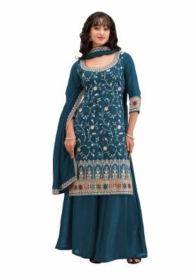 Teal Blue Embroidered Silk Kurta Set