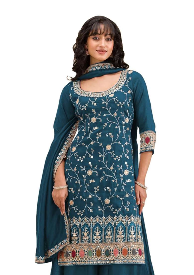 Teal Blue Embroidered Silk Kurta Set - Indya