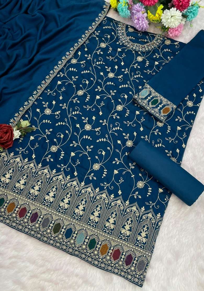 Teal Blue Embroidered Silk Kurta Set - Indya