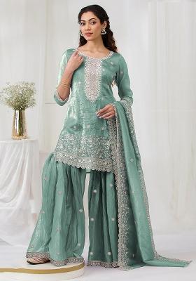 Aqua Blue Embroidered Silk Kurta Set