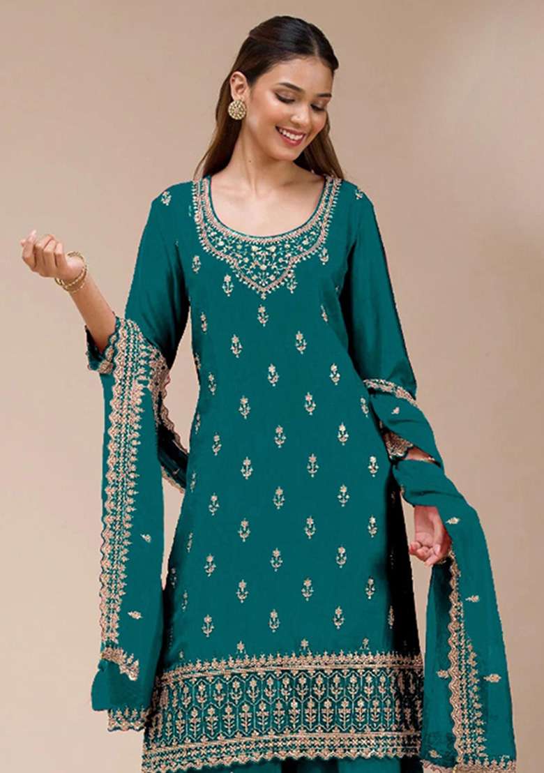 Teal Green Embroidered Georgette Kurta Set - Indya