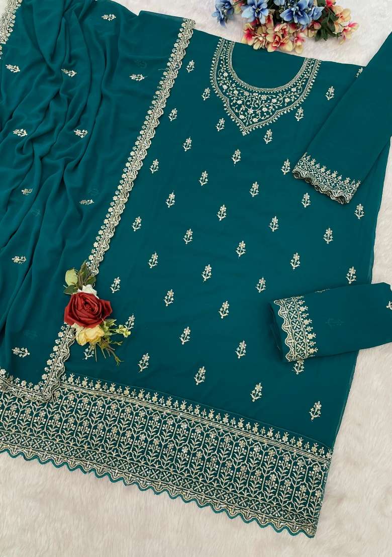 Teal Green Embroidered Georgette Kurta Set - Indya