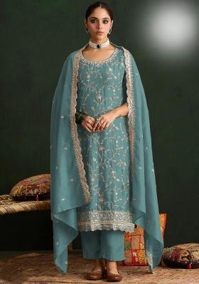 Blue Embroidered Silk Kurta Set